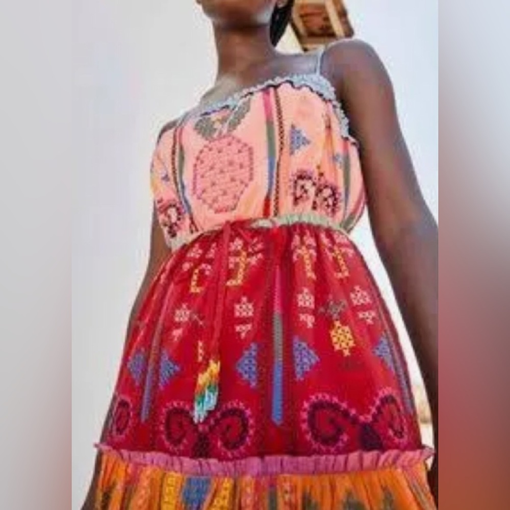 Farm Rio midi color blocking embroidered dress